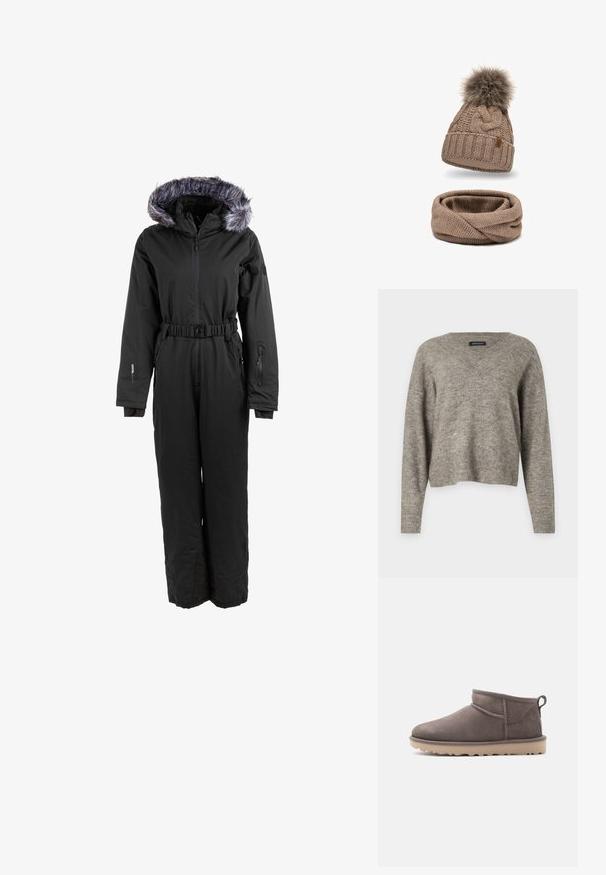 Sort isoleret overall med hætte i kunstpels, bælte i taljen og lynlåslommer i begge sider til sikker opbevaring.; V-hals, langærmet sweater i lysegrå strikket stof med ribbet kant. Let vægt, let cropped design med afslappet pasform.; Lav brun ruskindssko med lav ankelhøjde, slidstærk sål og træksnor på en ensartet baggrund.; Beige strikket hat med en kunstpels pom-pom over et matchende loop-halsbånd; begge har teksturerede mønstre og et blødt, hyggeligt udseende.