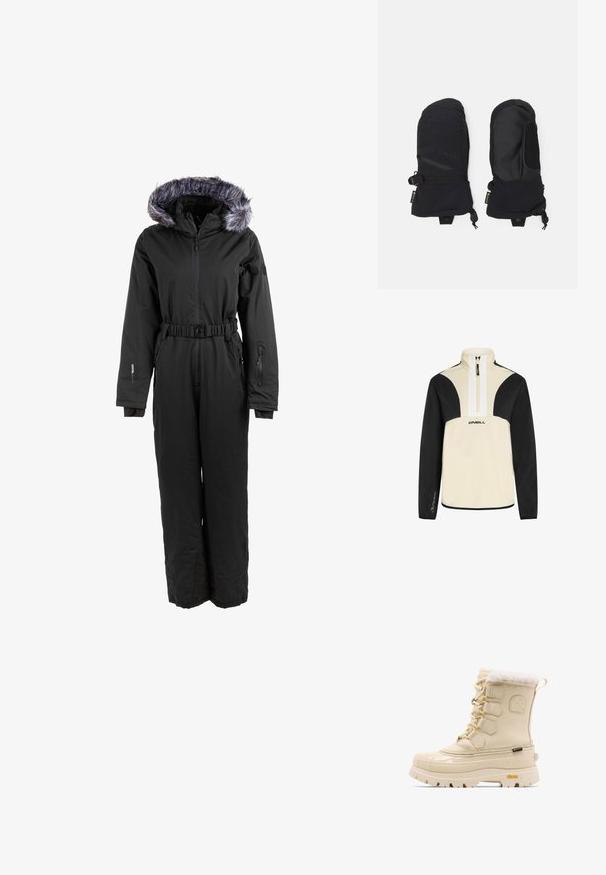 Sort isoleret overall med hætte i kunstpels, bælte i taljen og lynlåslommer i begge sider til sikker opbevaring.; Quarter-zip trøje i beige og sort, blødt stof, har sorte ærmer og skuldre, hvid lynlås, O’Neill-logo på forsiden.; Beige vinterstøvle med gummisål, snørelukning foran, fleecefor og Vibram-sål, designet til kolde og våde forhold.; Burton WOMEN GORE TEX MITTENS - Luffer - true black