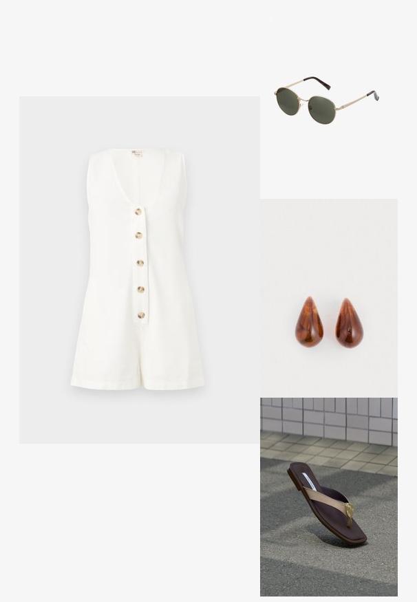 Combinaison blanche sans manches avec col en V et cinq boutons devant, en tissu léger, présentée sur un fond uni.; Sandale plate marron avec bride beige et boucle dorée en forme de cœur, reposant sur l’asphalte près d’un mur carrelé.; Lunettes de soleil rondes avec des montures en métal doré et des verres vert foncé. Les branches présentent un design écaille de tortue pour un détail supplémentaire.; Une paire de boucles d'oreilles en forme de goutte d'eau, brillantes et marron, avec de subtils motifs plus foncés, sur un fond blanc.