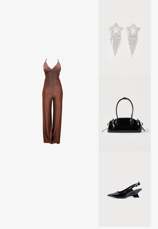 Combinaison en glitter bronze avec un décolleté en V profond, des bretelles fines et une coupe à jambes larges. Texture lisse avec un corsage ajusté et une taille élastique.; Chaussure slingback en cuir verni noir avec bout pointu et petit talon bloc incliné sur fond clair uni.; Petit sac à main noir brillant avec deux longues anses et des détails à cordon sur les côtés sur un fond clair uni.; Boucles d'oreilles en strass en forme d'étoile avec des détails de franges en cascade, présentant une teinte argentée et une surface brillante et réfléchissante. Forme d'étoile avec un design complexe.
