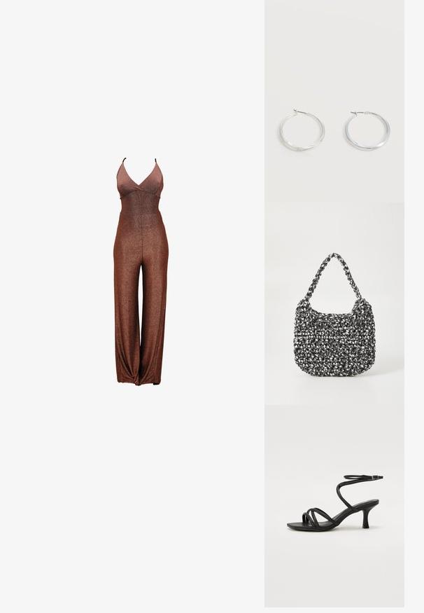 Combinaison en glitter bronze avec un décolleté en V profond, des bretelles fines et une coupe à jambes larges. Texture lisse avec un corsage ajusté et une taille élastique.; Even&Odd Wide Fit by Zalando Sandales - black; Sac en osier noir et blanc de forme arrondie, avec une surface texturée et une poignée tressée. Convient à un usage décontracté.; Boucles d’oreilles créoles en métal argenté avec une surface lisse légèrement incurvée et des fermoirs à clapet sur un fond blanc uni.