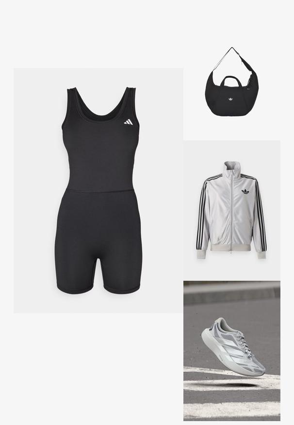 Bodysuit de sport noir avec un design ajusté, sans manches et jambes courtes. Présente un col rond et un accent logo blanc sur la poitrine.; Veste blanche zippée avec détails trois bandes noirs sur les manches, logo trefoil noir sur la poitrine et poignets et ceinture côtelés.; Chaussure de course gris clair et blanc en l'air au-dessus d'un bitume avec des marquages au sol blancs, mettant en valeur un design élégant et une semelle coussinée.; Sac Adidas noir en forme de croissant avec double poignée et bandoulière réglable, affichant le logo blanc Adidas trefoil au centre avant.