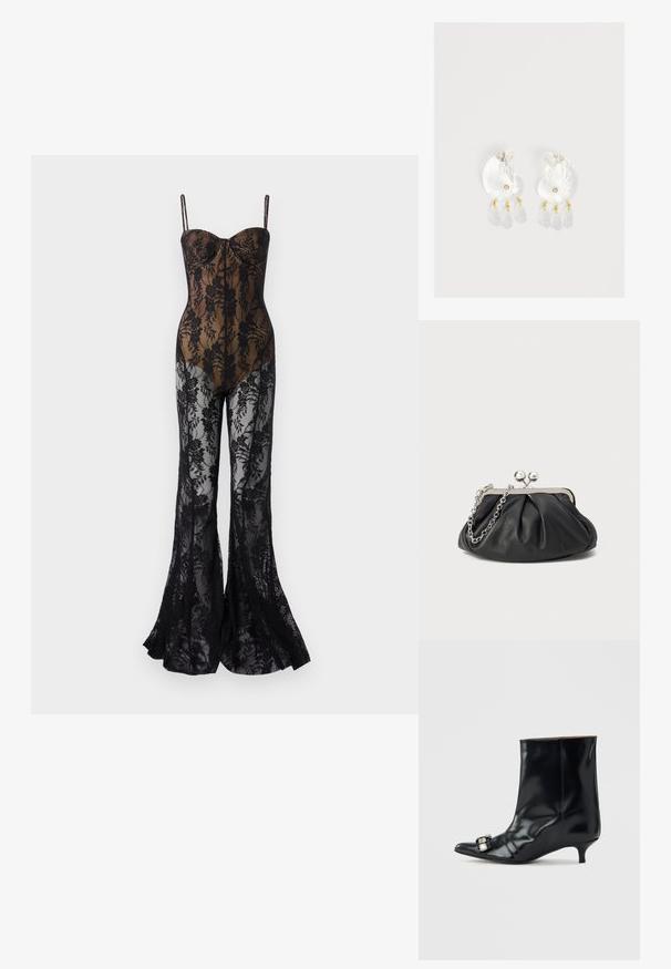 Body en dentelle avec un design floral noir ajusté, featuring des fines bretelles, un décolleté en cœur et des jambes évasées avec une finition transparente.; Bottine en cuir noir avec bout pointu, petit talon kitten bas et boucle décorative en argent sur le côté près de l'orteil.; Porte-monnaie en cuir noir avec texture froncée, cadre en métal argenté, fermeture à verrouillage kiss-lock et bandoulière en chaîne. Surface lisse et douce.; Boucles d'oreilles en résine transparente en forme de coquillage avec de petits accents dorés et trois breloques translucides en forme de goutte pendantes sur chaque boucle d'oreille.