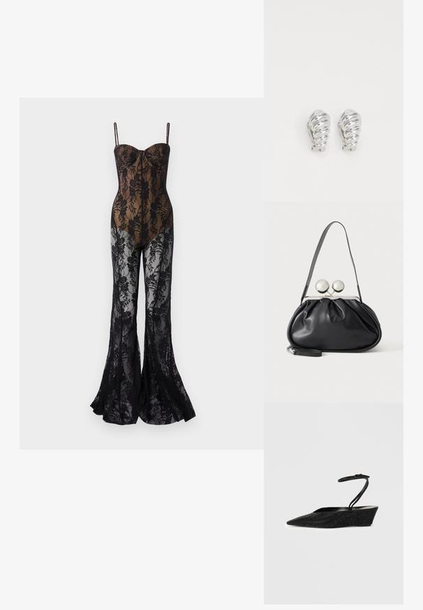 Lace bodystocking med en tætsiddende, sort blomsterdesign, med tynde stropper, en sweetheart-halsudskæring og flair ben med et gennemsigtigt finish.; Sort kilehælesko med spids tå, tekstureret overdel og ankelrem. Har en subtil glans med en glat indvendig foring.; Sort læderhåndtaske med opsamlet design, en enkelt rem, sølv metalramme og to store runde sølv lukninger.; Sølv clip-on øreringe med spiralmønster, der har en glat metallisk tekstur og runde former. Ingen synlige udsmykninger eller mønstre.