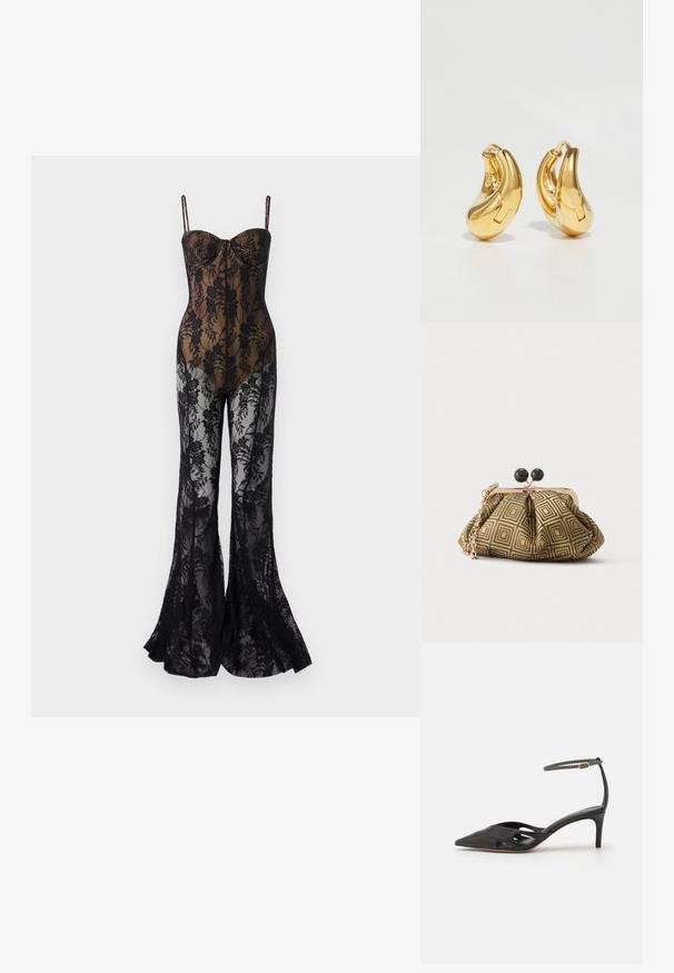 Lace bodystocking med en tætsiddende, sort blomsterdesign, med tynde stropper, en sweetheart-halsudskæring og flair ben med et gennemsigtigt finish.; Sort læder højhælet sko med spids tå, åbne sider og en tynd ankelrem med en lille guld detalje.; Lille clutch taske med gyldent og sort geometrisk mønster, guldfarvet metalramme, sort kuglelås og en kort guldkæde som rem.; Guldringeøreringe med en glat, buet form og poleret overflade. Udstyret med en lukkeanordning og lette fordybninger for detaljer.