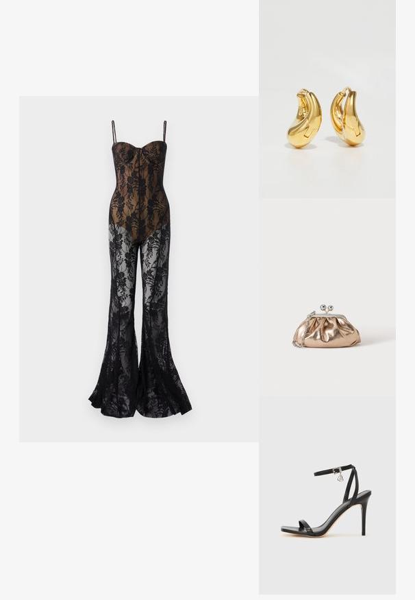 Lace bodysuit with a fitted, black floral design, featuring thin straps, a sweetheart neckline, and flared legs with a sheer finish.; Black high-heeled sandal with a narrow ankle strap, square toe box, smooth leather material, and metallic buckle accent.; Small gold metallic clutch purse with silver clasp and chain strap on a plain light background.; Gold hoop earrings with a smooth, curved shape and polished finish. Features a clasping mechanism and slight indentations for detail.