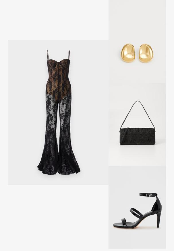 Body en dentelle avec un design floral noir ajusté, featuring des fines bretelles, un décolleté en cœur et des jambes évasées avec une finition transparente.; Sandale à talon haut en cuir verni noir avec trois fines lanières et une bride de cheville avec une boucle ronde.; Sac à main noir avec un motif tissé texturé, des accents en cuir, une forme élancée et une longue bandoulière. Détail du logo doré sur le devant.; Boucles d'oreilles en forme de clou de couleur or, avec une forme lisse et arrondie et une surface réfléchissante, mettant en avant un design minimaliste sans motifs visibles.