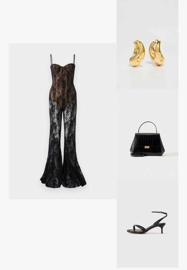 Kanten body met een aansluitend, zwart floral ontwerp, voorzien van dunne bandjes, een sweetheart halslijn en uitlopende benen met een doorzichtige afwerking.; Zwarte leren dames sandaal met dunne bandjes, een teengreep, een enkelgesp en een stilettohak van gemiddelde hoogte op een neutrale achtergrond.; Zwarte leren handtas met bovenhandvat, gouden sluiting en afneembare schouderriem op een effen lichte achtergrond.; Gouden oorringen met een gladde, gebogen vorm en gepolijste afwerking. Bevat een sluitmechanisme en lichte inkepingen voor detail.