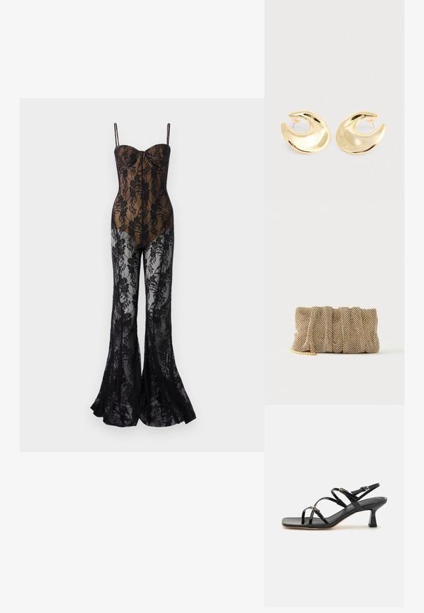 Body en dentelle avec un design floral noir ajusté, featuring des fines bretelles, un décolleté en cœur et des jambes évasées avec une finition transparente.; Sandales à strapes en cuir verni noir avec un bout carré et un petit talon carré. Présente des accessoires en métal doré et des brides de cheville réglables.; Petit sac pochette en maille dorée avec un design froncé et une bandoulière chaîne dorée partiellement visible sur un fond blanc uni.; Une paire de boucles d'oreilles en forme de croissant dorées et brillantes, avec des supports en plastique transparent, sur une surface gris clair.