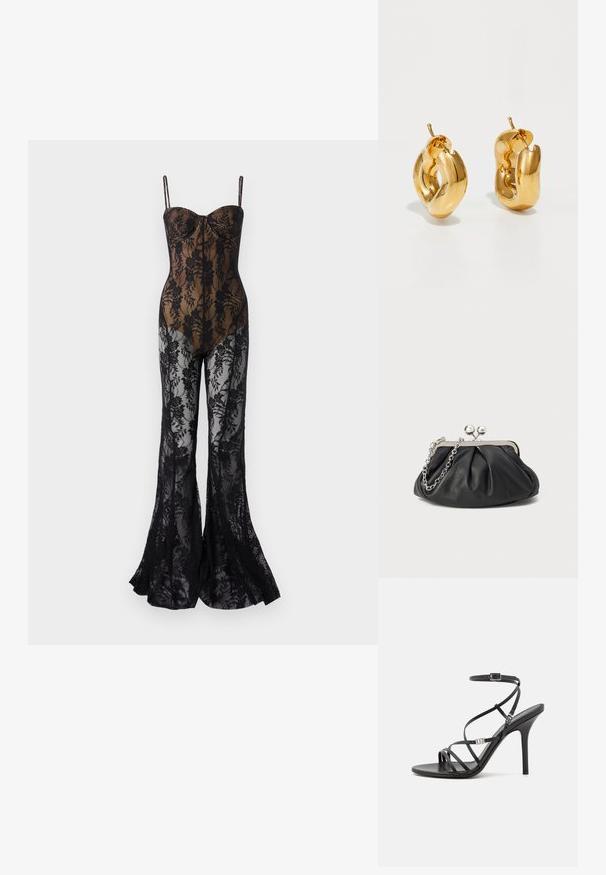 Lace bodystocking med en tætsiddende, sort blomsterdesign, med tynde stropper, en sweetheart-halsudskæring og flair ben med et gennemsigtigt finish.; Sort højhælet sandal med tynde stropper, en ankelspænde, en glat læderoverflade og en slank stilethæl.; Sort læder clutch med samlet tekstur, sølvfarvet metalramme, kys-lås lukning og kædestrop. Glat, blød overflade.; Chunky guld hoop øreringe med et let snoet, rørformet design og postsystem bagpå, på en hvid baggrund.