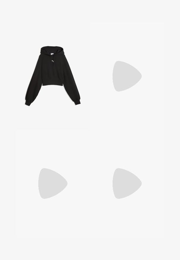 Sort cropped hoodie med lange ballonærmer, snøretrækshætte, ribstrikkede manchetter og kant, med lille hvid Puma-logo på brystet.; Sorte athletic shorts lavet af strækbart stof. Høj talje design med hvid "HYROX" tekst og logo i nederste venstre hjørne. Glat tekstur.; Sorte atletiksneakers med mesh- og syntetisk design, der har en tyk sål, teksturerede detaljer og logodetaljer på siden og hælen.; Sorte rektangulære solbriller med mørke linser og tykke matte stel. Armen er let tilspidset med en glat overflade.
