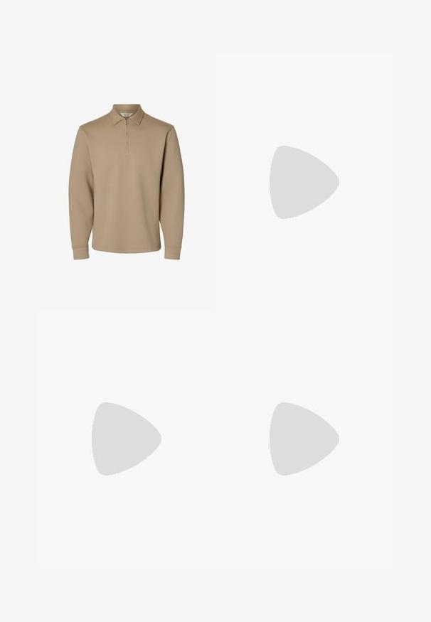 Beiger Langarm-Pullover mit halbem Reißverschluss vorne und klassischem Kragen, aus glattem Stoff gefertigt.; Olivgrünes Hemd zum Knöpfen aus strukturiertem Stoff, mit zwei Brusttaschen und einem Kragen mit Knopfverschluss.; Braune maßgeschneiderte Hosen mit geradem Bein, die über eine glatte Textur, Gürtelschlaufen und seitliche Taschen verfügen. Eignen sich für formelle Anlässe.; Schwarze Leder-Loafer mit glatter Textur, gerundeter Zehenpartie und dekorativen Quasten vorne. Flexible Gummisohle mit niedrigem Absatz.