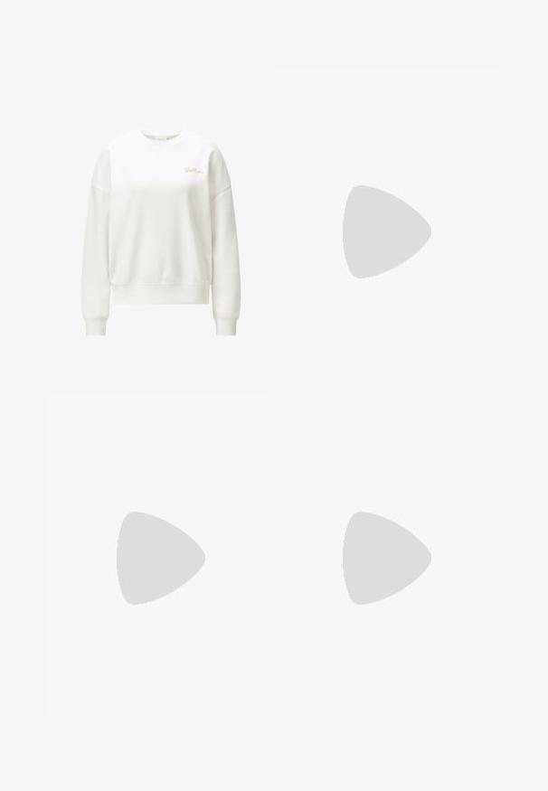 Hvid crewneck sweatshirt med lange ærmer og ribbede manchetter, med lille kursiv "Bellini"-tekst på øverste venstre bryst.; Brune sweatpants i blødt stof med en afslappet pasform, der har en elastisk talje, snørre og et hvidt logo på venstre lår.; Lysebeige ruskind slip-on træsko med to justerbare sølvspænder og en korkfodsål med sort sål.; Beige polstret shopper med to sæt håndtag og en hvid label med teksten "MADS NØRGAARD COPENHAGEN" foran.