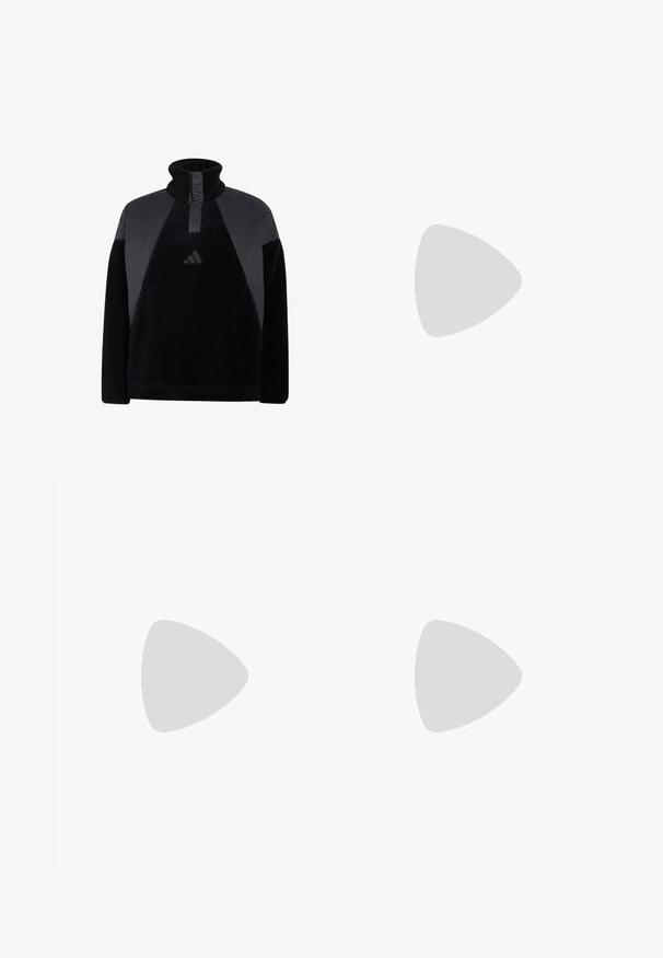 Sort fleece-pullover med høj krave, halv lynlås, teksturerede skulderpaneler og lille Adidas-logo på brystet.; Sorte cargo-bukser med flere sidelommer, bæltestrop og et rødt mærke på venstre side. Fremstillet af slidstærkt bomuldsstof.; Sorte høje sneakers lavet af struktureret læder, med en tyk gummisål med trækmønstre og snørefunktion. Rød detalje på tungen.; Brandit US COOPER EVERYDAYCARRY-SLING - Skuldertasker - blizzard camo