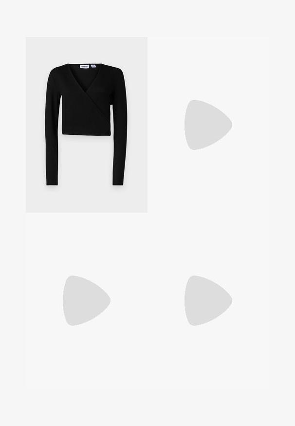 Top corto negro con mangas largas, textura suave, diseño de escote en V y con detalles mínimos. Adecuado para outfits casuales o en capas.; Pantalones de pierna ancha en negro con patrones florales abstractos en verde menta. Presentan una cintura alta con un cinturón atado para un ajuste ajustable.; Zapatos de tacón negro tipo slingback con parte superior de tejido texturizado, punta afilada y puntera en metal plateado. Presenta un tacón delgado y una correa ajustable.; Bolso de cuero negro con diseño fruncido, forma curva y asa corta. Cuenta con cierre de broche y acabado texturizado.