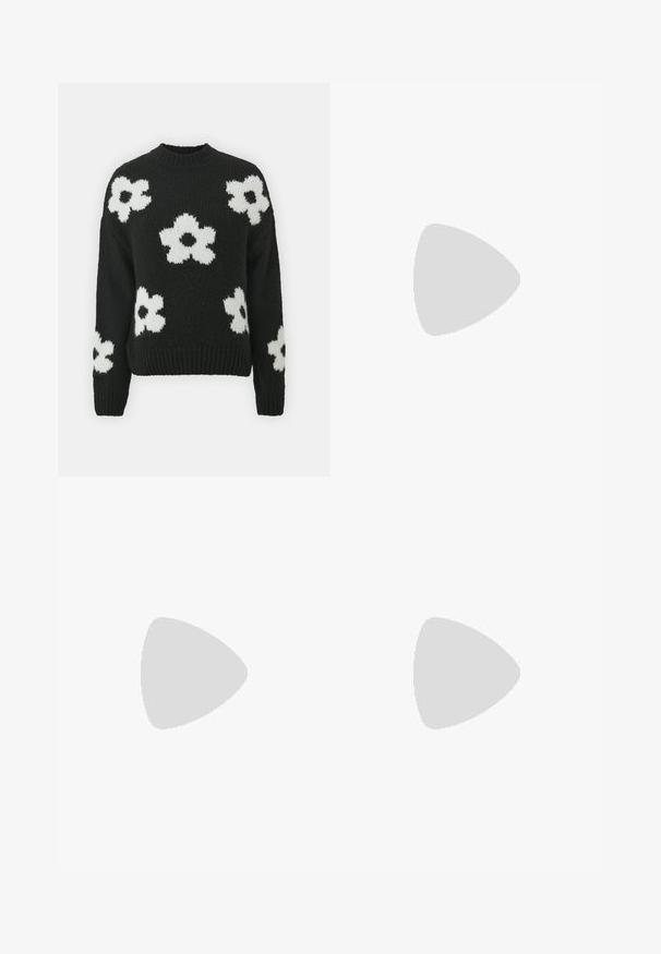Suéter de punto negro con patrones de flores blancas, cuello redondo y puños y dobladillo acanalados. Fabricado en un suave tejido texturizado.; Falda midi de satén rojo con una textura suave, silueta en forma de A y un sutil vuelo en el dobladillo. Sin patrones visibles ni adornos.; Zapato slingback de charol negro con tacón kitten, punta puntiaguda, laterales recortados, correa con hebilla y detalle metálico circular en la punta.; Bolso de hombro de cuero negro con relieve de cocodrilo, asa superior e impresión del logo en el frente.