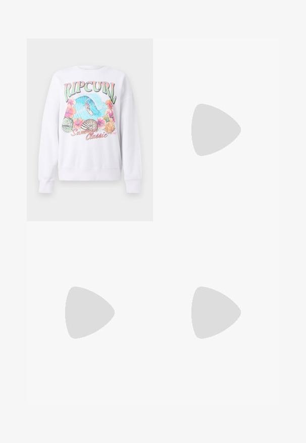 Weißer Sweatshirt mit einem bunten Grafikdruck, der "Ripcurl" oben zeigt, tropische Blumen und eine Surfszene. Klassisch geschnitten.; Lila ärmelloses Crop-Top aus weichem Material, mit einem runden Ausschnitt und einem kleinen gestickten Logo auf der Vorderseite.; Olivgrüner Rock mit Knopfverschluss, gefertigt aus strukturierter Stoff, mit einer Seiten Tasche und gestickten Details. Reguläre Passform, knielanges Design.; Weiße Leder Sneakers mit schwarzen Streifen, Gummigummi-Außensohle, runder Zehenform, Schnürverschluss und weichem grauem Wildleder-Zehenkappe.