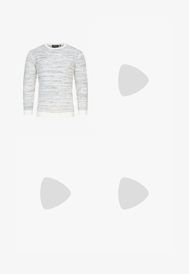 INDICODE JEANS MANFRED - Striktrøje - offwhite; Grå T-shirt lavet af bomuld, med en rund hvid grafik med tallet "90" i centrum. Kortærmet og med rund halsudskæring.; Grå skræddersyede bukser lavet af struktureret stof, med en standard talje med bæltestropper, lynlåsfront og enkelt knappelukning.; Hvid lædersneaker med sorte detaljer, rundet tå og perforerede detaljer. Sort gummisål med tekstureret mønster og snørelukning.