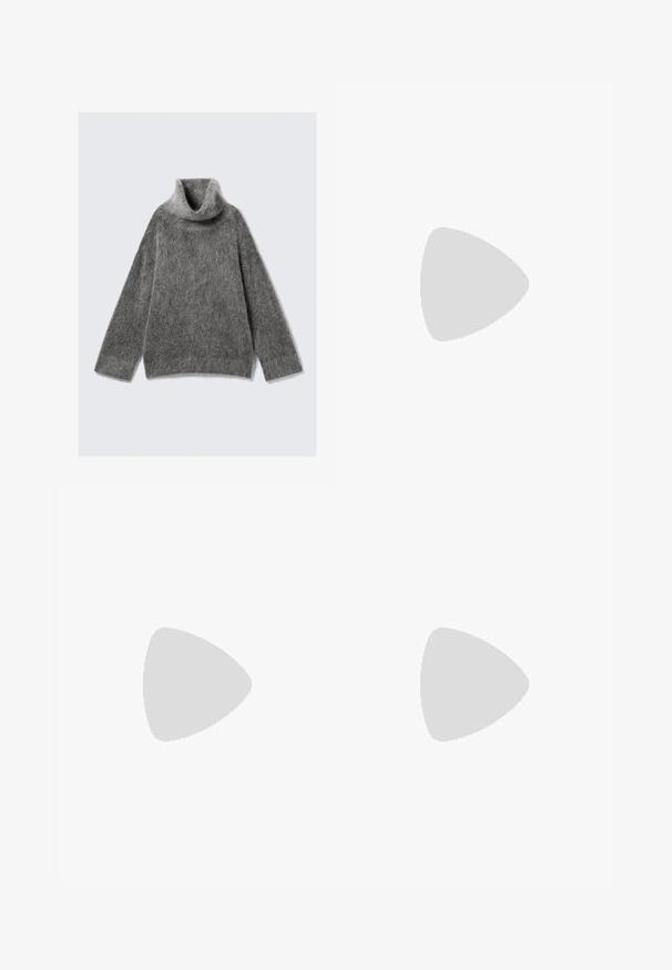 Grå turtleneck sweater lavet af blødt, fuzzy strikkemateriale. Har lange ærmer, løs pasform og en bred, foldet krave.; Grå vidbenede denimjeans der viser bagsiden med to lommer og bæltestropper lagt fladt på hvid baggrund.; Brune ruskinds ankler støvler med blød indvendig foring, quiltede detaljer og en struktureret gummisål for godt greb. Sløjfe bagpå for nem påtagning.; Brun lakeret håndtaske med rektangulær form, to lange håndtag og subtile buede detaljer på fronten.