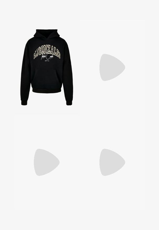 Sort hættejakke med "MJGONZALES" i slidt cremegul skrift og en frontlomme. Blødt stof med ribkantede ærmer og kant.; Sorte denim bukser med bred benvidde og høj talje, med to forlommer og en dekorativ logodetalje på det nederste ben.; Sort lavtop sneaker med tyk sål, polstret krave, mesh paneler og chunky snørebånd vist mod en hvid baggrund.; Kompakt sort og gråt kamouflagemønster taktisk skuldertaske med flere lynlåslommer og justerbar polstret skulderrem.