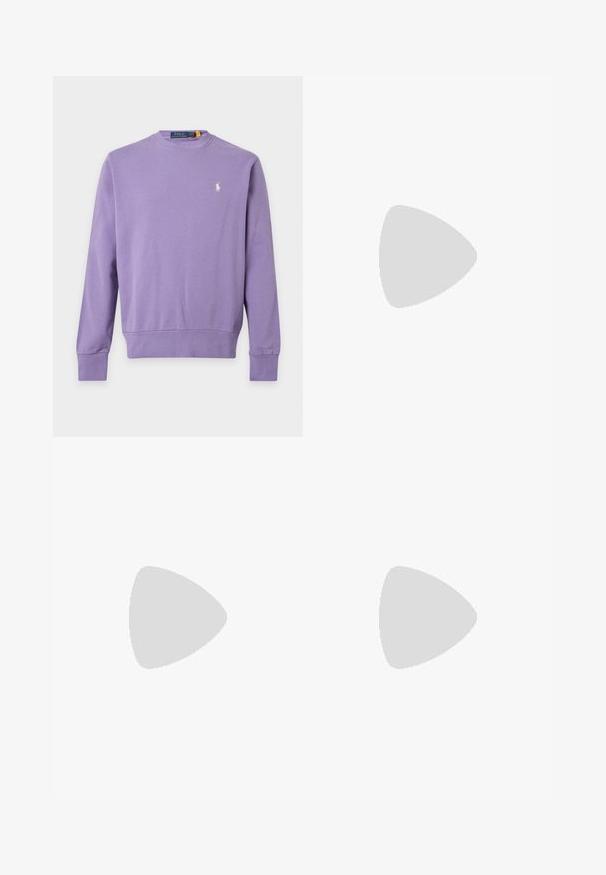 Lavendelse tooniga pika varrukaga ümar kaelusega dressipluus väike valge Polo Ralph Laureni logo vasakul rinnal ning soonikkoes ääred varrukatel ja all.; Sinine linane pika varrukaga särk nööbitava krae, eesmiselt lukuva ja vasakul rinnal väikese punase tikandiga logoga.; Tumesinised kitsad teksapüksid, kerge pleekimisega, esikotid, vöökohal aasad ja nööpklõpsuga, taust on ühtlane.; Bež sueded loafers, mille õmblustega detailide, lame kummitald ja väike logo küljel. Klassikaline libisev disain, pehme tekstuur.