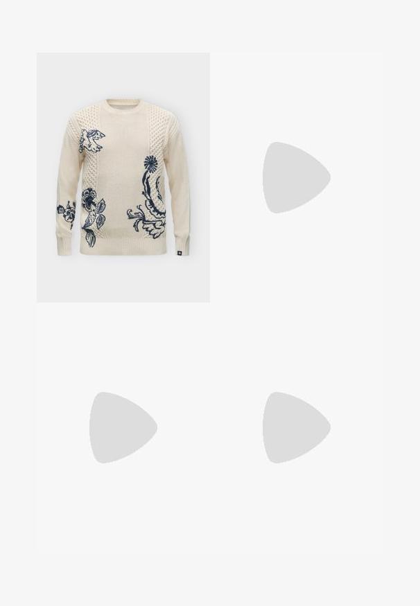 Jersey de punto color crema con diseños bordados en azul marino de flores y pájaros en el delantero y las mangas, con patrones texturizados en la tela.; Camiseta de manga corta de color púrpura claro con cuello redondo y pequeño logo blanco "M OP" en el pecho izquierdo, mostrada sobre un fondo blanco.; Pantalones grises, elásticos, con frente plano, cinturilla elástica y cordón, que presentan piernas rectas y una textura suave.; Mocasines de cuero negro con un diseño elegante, que presentan una puntera cosida y un acabado suave. El zapato tiene un tacón bajo y detalles mínimos.