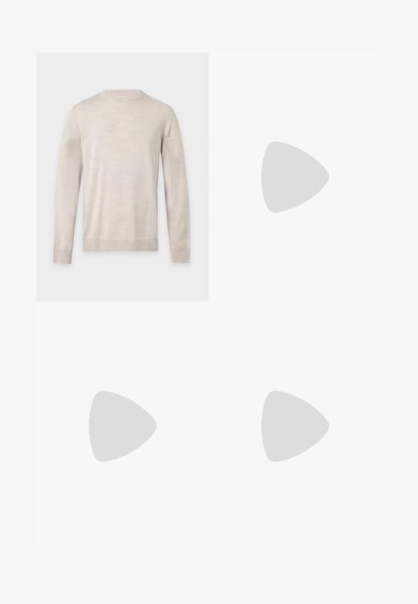 Lyse beige langærmet crewneck trøje med ribkant ved ærmer og kant, vist på en ensfarvet lys baggrund.; Lys blå skjorte med knapper og vertikale hvide striber, lange ærmer og en brystlomme. Har et lille logo på den nederste del.; Lysegrå bukser med vide ben, forreste plisseringer, bæltestropper og lige snit, vist mod en ensfarvet hvid baggrund.; Sort læder loafer med rund tå, diskret syning, og lav hæl, der har en glat tekstur og minimalistisk design.