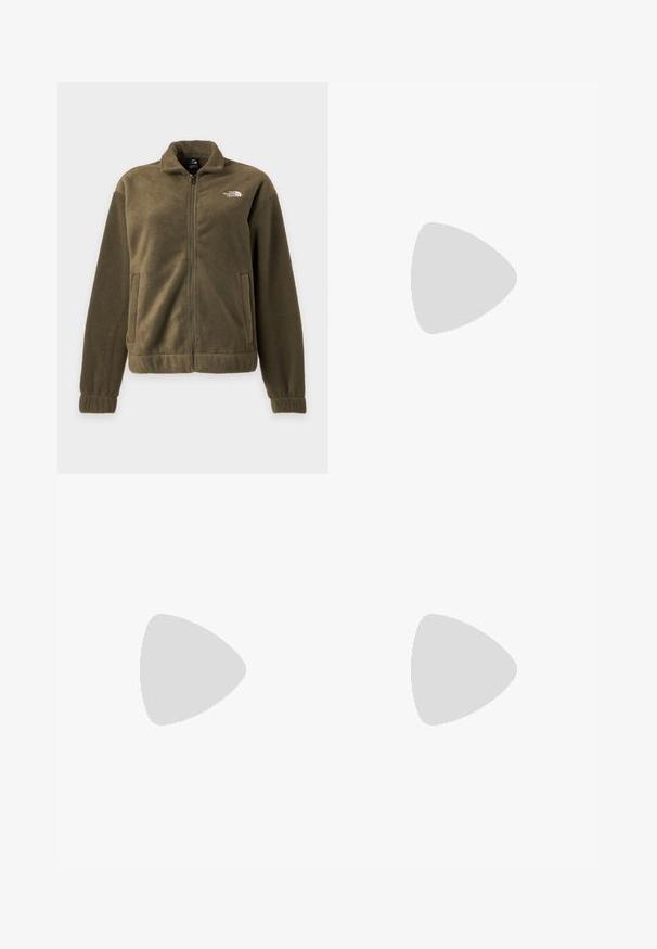 Veste polaire vert olive avec fermeture éclair complète à l’avant, col montant, poches latérales et logo blanc The North Face sur la poitrine.; T-shirt en coton blanc à manches courtes. Présente une broderie florale verte et jaune sur le côté gauche de la poitrine, logo inclus. Coupe droite.; Pantalon vert olive à jambes droites avec passants pour ceinture, fermeture à boutons à l'avant et poches latérales sur fond blanc.; Chaussure d'extérieur en suède marron avec des lacets bleus, semelle en caoutchouc noir et un design épuré. Équipée d'une languette à l'arrière pour un enfilage facile.