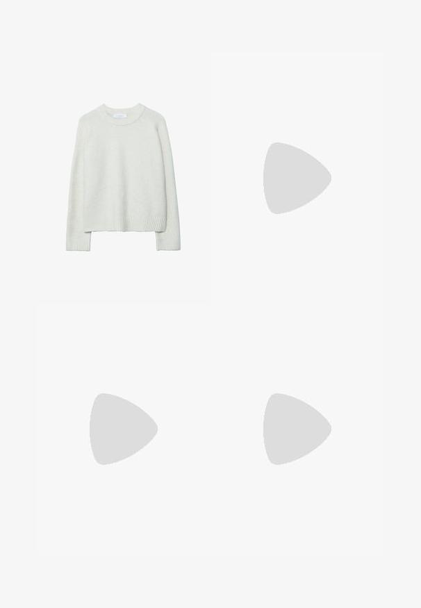 Cremefarbener Pullover mit strukturierter Oberfläche, geripptem Kragen und Saum sowie Raglanärmeln. Hergestellt aus einem weichen, warmen Material.; Weiße, hoch taillierte Jeans mit weitem Bein, Knopf- und Reißverschluss, Taschen vorne und hinten sowie silbernen Nieten.; Braune Wildlederschlupfschuhe mit einer dicken, strukturierten Sohle, die eine kunstvolle gelbe und braune Stickerei entlang des oberen Randes aufweisen.; Schwarze Leder-Handtasche in rechteckiger Form mit langen, doppelten Schulterriemen und strukturierter Oberfläche, dargestellt vor einem schlichten weißen Hintergrund.