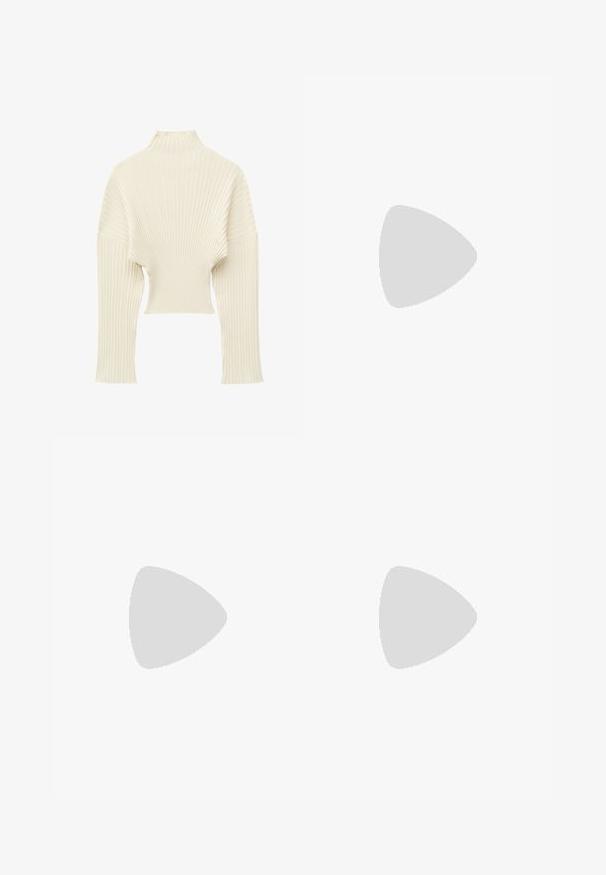 Pull en maille côtelée couleur crème avec manches longues, longueur courte et col montant type col montant.; Robe-chemise bleu clair à manches longues avec des rayures verticales foncées et une ceinture assortie à nouer à la taille.; Bottine en cuir noir avec un bout pointu et un talon carré lévitant au-dessus d'un sol gris réfléchissant près d'un mur en blocs de verre.; Sac seau en cuir noir avec une seule bandoulière et un petit logo BOSS doré centré près du haut à l'avant.