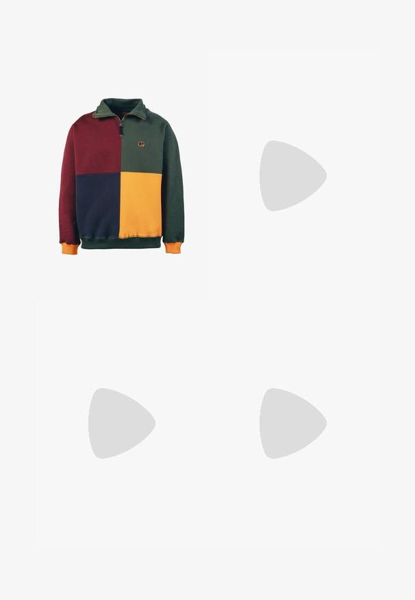 Blockfarbener Sweatshirt mit Abschnitten in Grün, Burgunderrot, Marineblau und Senfgelb. Reißverschlusskragen-Design mit einem Elefantenlogo auf der Brust. Weicher Stoff.; Olivgrüne Cargo-Hosen aus leichtem Material, mit mehreren Seitentaschen, einem elastischen Bund und einem geraden Schnitt.; Die Sneakers verfügen über ein weißes Obermaterial aus Canvas, graue Gummielemente, neongrüne Schnürsenkel, ein auffälliges Logo und eine strukturierte schwarze Sohle für besseren Grip.; Olivgrüne Umhängetasche aus strukturiertem Stoff, mit einer Reißverschlusstasche vorne und einem roten Markenetikett. Verstellbarer Träger für Komfort.