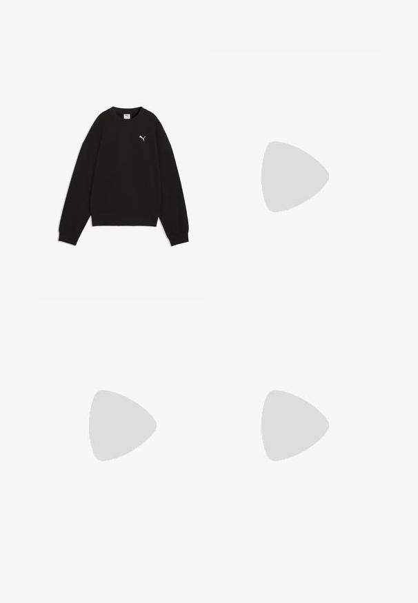 Zwarte sweater met ronde hals, lange mouwen en een klein wit Puma-logo op de linkerborst, geribde manchetten en zoom.; Zwart Puma T-shirt met korte mouwen, ronde hals en wit Puma-logo op de linkerborst.; Zwarte wijde broek met een elastische tailleband, verticale witte strepen, zijzakken met rits en een klein logo op de bovenbeen.; Witte leren sneakers met een zwarte suède streep, gumrubberen zool en gouden branding aan de zijkant. Vetersluiting met een afgeronde neus.
