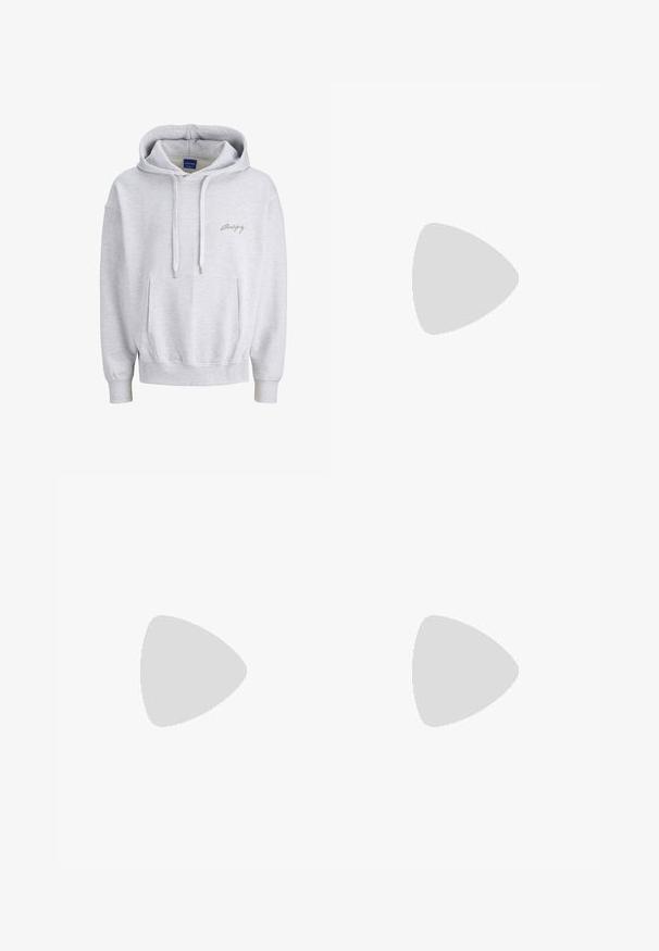 Lichtgrijze hoodie met voorkantzak, capuchon met trekkoord, geribbelde manchetten en een klein signature-logo op de linkerborst.; Wit T-shirt met korte mouwen met een zwart-witte motorgrafiek, een oranje luipaardprint stof en de tekst "Replay Custom Garage" aan de voorkant.; Grijze denim jeans met een slim fit, met een klassieke vijf-pocketontwerp, voorste knoopsluiting en subtiele textuurdetails overal.; Zilveren sneakers met een gladde textuur, vetersluiting, geperforeerde accenten en een gestructureerde bruine rubberen zool.