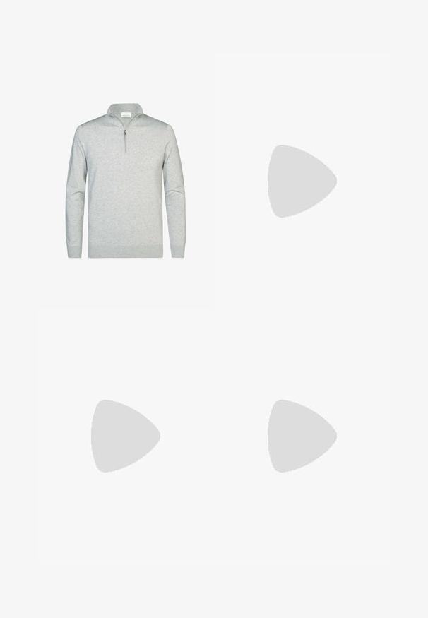 Pull léger gris clair avec un col zippé, fabriqué dans un tissu doux. Présente des manches longues et des poignets et un ourlet côtelés. Design minimaliste.; T-shirt blanc à manches courtes avec un col rond, fabriqué dans un tissu léger avec une texture subtile et un ourlet incurvé.; Pantalon gris foncé à jambe droite avec fermeture par bouton et fermeture éclair, passants pour ceinture, poches avant et ourlet cousu sur un fond clair.; Chaussure de course Nike blanche et beige avec un logo Swoosh noir flottant au-dessus d’une surface en béton rose en extérieur.