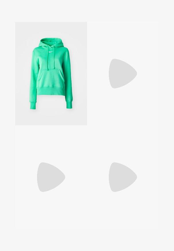 Sudadera verde de tejido suave, con un bolsillo frontal, capucha con cordones, puños acanalados y un pequeño logo blanco en el pecho.; Top corto blanco de algodón con textura acanalada. Cuenta con un logo negro de Jordan en el centro y un clásico escote redondo.; Falda maxi de lino verde oliva con cintura ajustable, silueta recta, bolsillos laterales y una textura suave.; Zapatilla deportiva beige con suela gruesa, diseño con recortes y dos correas ajustables de velcro sobre fondo blanco.