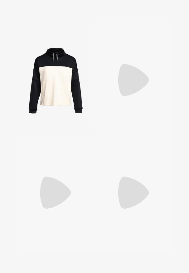 Pullover-Sweatshirt mit einem schwarzen Oberteil und einem cremefarbenen Unterteil. Strukturierter Stoff mit einem Funnelneck und Zugband. Zwei Fronttaschen.; Hellgraue Skihose mit zwei Fronttaschen, gefältetem Design und schwarzen Akzenten am unteren Teil. Hergestellt aus strapazierfähigem, flexiblem Material.; Schwarzer wasserdichter Stiefel mit einem Kunstfellkragen, Schnürverschluss, Gummisohle und kontrastierendem beigem Streifen entlang der Sohle. Dekorative Hardware-Details.; Bogner FINGER TINA - Fingerhandschuh - black