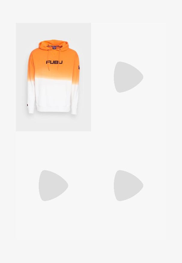 Oranžová a biela mikina s kapucňou s gradientným dizajnom, obsahujúca veľké čierne logo FUBU, šnúrky a predné vrecko. Mäkkučká látka.; Biela, krátkopyjmová tričko vyrobené z bavlny. Má okrúhly výstrih a voľný strih s hladkou textúrou a bez viditeľných vzorov či grafik.; Jeansi s nastaviteľnými čiernymi ramienkami v stredne modrom odtieni, s viacerými vreckami a kovovými detailmi.; Biele vysoké tenisky s čiernym swooshom, textúrovanou šedou špičkou a plochou bielou podrážkou. Obsahujú šesť dierok na šnúrky a prešívané akcenty.