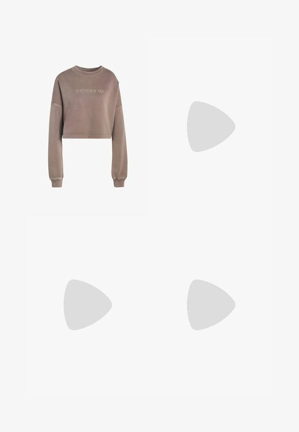 Zkrátená mikina z jemného taupe materiálu. Má okrúhly výstrih, dlhé rukávy a embosované logo "adidas" na prednej strane. Hladká textura.; Biele bavlnené tričko s krátkymi rukávmi a okrúhlym výstrihom, na hrudi uprostred modrý nápis „BILLABONG SINCE 73“. Mäkká, hladká textúra.; Svetlobéžové tepláky vyrobené z mäkkej tkaniny, s pásom na šnúrku a čiernymi bočnými panelmi s leopardím vzorom.; Svetloružová teniska Adidas s hornou časťou z oka, tromi pruhmi na boku, zaväzovanie na šnúrky, zavesená nad textúrovanými betónovými schodmi.