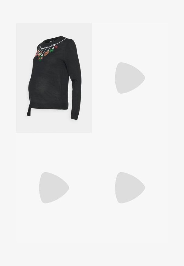 ONLY MATERNITY OLMXMAS  - Svetrík - black/bauble; Tehotenské jeansy v tmavosivej džínsovine s pružným pásom, s vyblednutými detailami a priliehavým strihom.; Čierne kožené poltopánky s elegantným dizajnom, okrúhlou špičkou, dekoratívnym třásňom a nízkou, textúrovanou gumovou podrážkou.; Strieborné kovové náušnice s minimalistickým zakriveným dizajnom, ktorá obsahuje pretiahnuté, otvorené kvapkovité tvary a matný povrch.