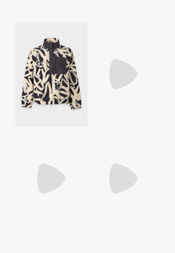 Pull polaire avec motif abstrait noir et blanc, col montant, boutons-pression à l'avant et poche poitrine zippée noire.; T-shirt blanc à manches courtes avec encolure ronde, présentant un petit motif gris d'une fleur et le texte "ROXY 1990" sur la poitrine gauche.; Mini-jupe noire en coton avec fermeture latérale à boutons et ourlet droit, présentée à plat sur un fond blanc.; Baskets basses noires avec bande blanche latérale, lacets blancs, semelle en caoutchouc blanche et bout texturé sur fond neutre.