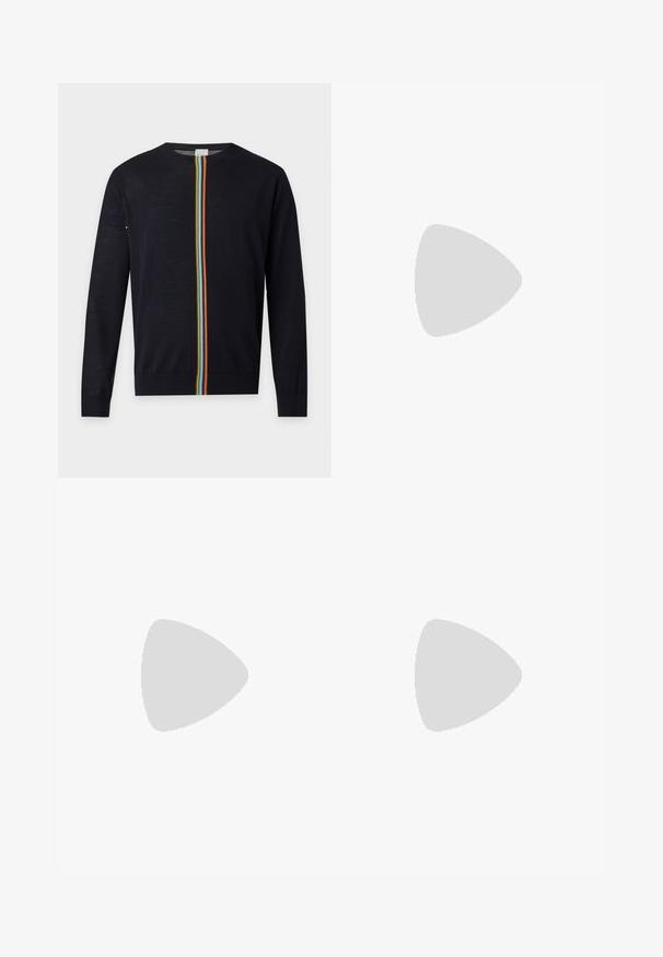 Pull noir à manches longues avec une bande arc-en-ciel verticale qui descend du col à l'ourlet au centre.; T-shirt blanc à manches courtes avec un cercle noir flou et le texte "PS PAUL SMITH" en bleu, jaune, rouge et noir sur la poitrine.; Pantalon kaki droit avec passants de ceinture et poches avant, posé à plat sur un fond clair.; Baskets en daim rouge avec des lacets blancs, semelle en caoutchouc beige et logo doré sur le côté. Bout arrondi et design bas.