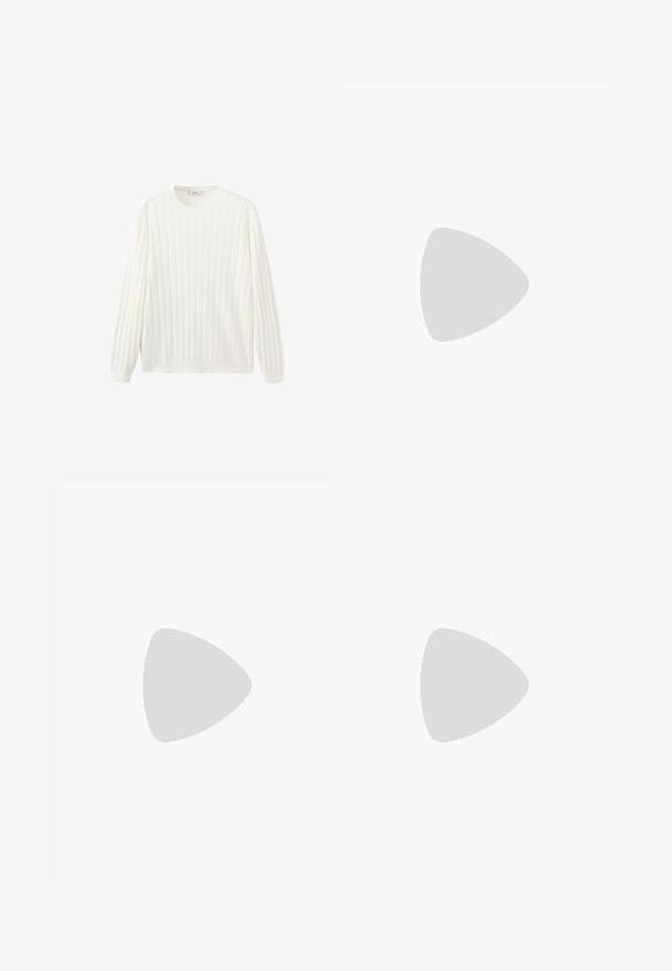 Hvid langærmet ribstrikket sweater med rund hals og tætsiddende manchetter, vist mod en ensfarvet hvid baggrund.; Langærmet skjorte i mørkegrønne og marineblå lodrette striber, med en knappet krave, lomme på venstre bryst og en buet kant.; Sorte bukser med vide ben lavet af et glat materiale, med forlommer, knaplåsning og en presset rille ned langs hvert ben.; Brun strikket vest over en sort t-shirt, parret med brune vidde bukser og sorte chunky sko, siddende på en træstub.