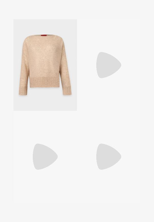 Pull beige à manches longues en maille côtelée, col rond large, coupe décontractée et texture subtile ; présenté sur un fond clair uni.; Chemise blanche à manches longues en tissu léger, dotée d'un col classique, d'une fermeture à boutons et d'une poche en forme de cœur sur le côté gauche.; Jean denim à jambes larges, teinte bleu moyen, doté d'une fermeture par bouton et glissière, cinq poches et des détails de couture subtils.; Escarpin en cuir rouge foncé à talon haut avec bout pointu et une fine bride croisée sur le devant, fixée par une petite boucle dorée.
