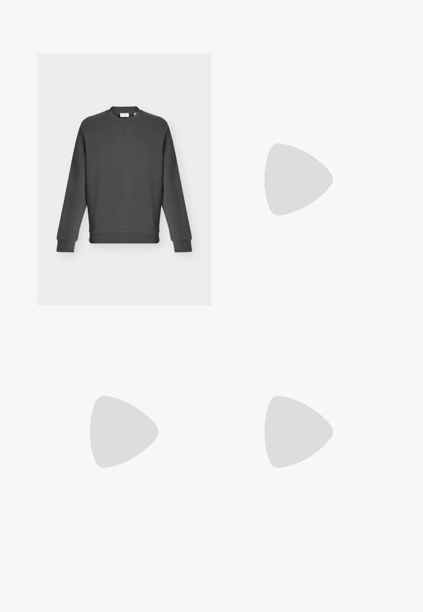 Donkergrijze crewneck trui met lange mouwen en geribde boorden en zoom, weergegeven op een effen lichtgrijze achtergrond.; Navyblauwe katoenen t-shirt met een ronde hals, korte mouwen en een klein geborduurd logo op de linkerkant van de borst. Zachte textuur.; Beige casual shorts met elastische tailleband en trekkoord, voorkant met zijzakken, plat gelegd op een witte achtergrond.; Zwarte leren loafer die zweeft boven een beige tapijt met een beige bank in een minimalistische binnenomgeving.