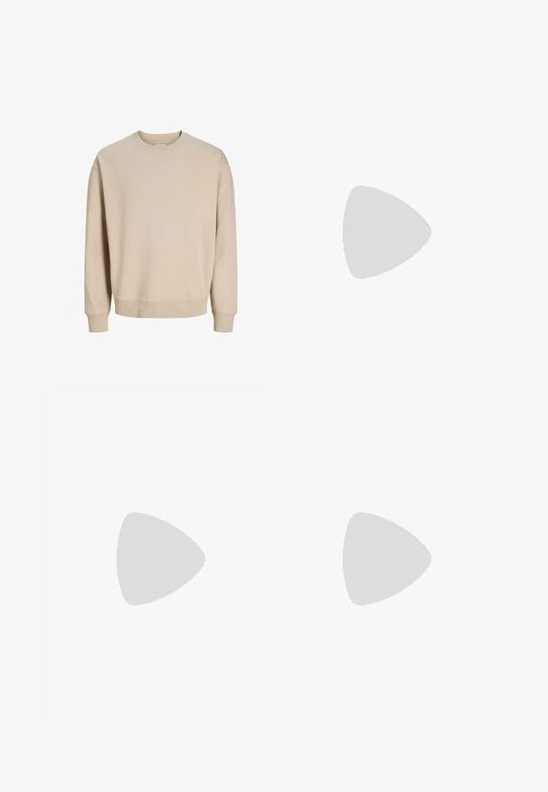 Beigefarbenes Sweatshirt mit Rundhalsausschnitt, langen Ärmeln, gerippten Bündchen und Saum, flach auf weißem Hintergrund dargestellt.; Schlichtes weißes T-Shirt mit kurzen Ärmeln und Rundhalsausschnitt, geradem Saum, auf weißem Hintergrund dargestellt.; Graue Denim-Jeans mit geradem Schnitt, fünf Taschen-Design und einem dezenten, verblassten Finish. Verfügt über einen Knopf- und Reißverschluss.; Weiße Leder-Sneaker mit glatter Textur, abgerundeter Zehenpartie, flacher Gummi-Sohle und diskretem Logo an der Seite. Die Schnürsenkel verlaufen durch sechs Ösen.