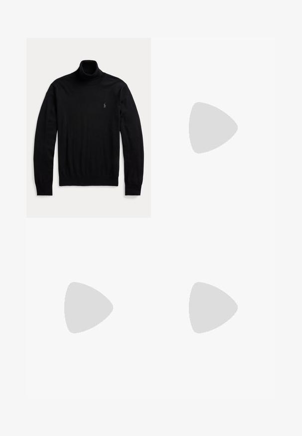 Sort langærmet rullekravetrøje med ribstrikkede ærmekanter og kant, med en lille broderet logo på venstre bryst.; Grå denim jeans, slim fit, med lige ben. Har klassisk femlomme-design, stikninger og en let falmet tekstur.; Sort læder Chelsea-støvle med elastiske sidepaneler, trækstrop bagpå, riffel-gummisål og lav hæl, vist i profil.; Sort læderbælte med sølvfarvet rektangulært spænde, rullet sammen på en hvid baggrund, med et diskret præget logo på spidsen.