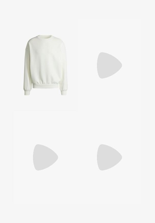 Witte sweatshirt gemaakt van zachte stof, met een ronde halslijn, geribbelde manchetten en een elastische tailleband met een ontspannen pasvorm.; Kort mouwen overhemd met een zwarte kraag, met een fel oranje en groen bladerenpatroon, rode accenten en een oversized logo aan de voorkant.; Zwarte sportbroek van glanzend materiaal met een elastische tailleband, voorzien van twee gele strepen langs de zijkant en een klein logo.; Zwarte leren sneakers met een wit V-logo, vetersluiting aan de voorkant, geperforeerde details en een bruine rubberen zool; strak ontwerp met minimale accenten.