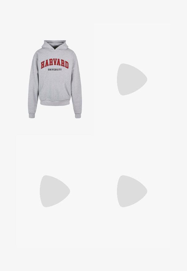 Grå hætte sweatshirt med en frontlomme; har rød tekst "HARVARD" og "UNIVERSITY". Materialet er en bomuldsblanding med ribbede manchetter og kant.; Lys blå skjorte med knapper og lodrette hvide striber, krave, enkelt brystlomme og mulighed for opbrettede ærmer. 100% bomuldsstof.; Lys blå denimshorts med løs pasform, der har to forlommer, lynlås og synlige stikninger.; Marineblå og hvide sportssko med mesh-overdel, tre mørke striber, en polstret sål og en tekstureret gummisål. Letvægtsdesign.