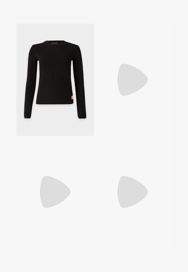Sort zip-up hoodie med snore og matchende bredbenede bukser, med små guldlogo-detaljer på brystet og hoften.; Sort tætsiddende langærmet sweater med rund halsudskæring og lille beige Armani Exchange-mærke nær den nederste kant på hvid baggrund.; Sort, spids slingback-sko med lav kitten-hæl og guldfarvet spænderem, vist i profil på ensfarvet lyst baggrund.; Sort vævet tote-taske med dobbelte håndtag og en lille matchende lynlåslomme foran, begge lavet af læder.