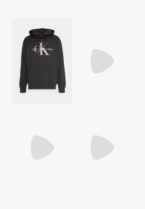 Sudadera con capucha negra hecha de tejido suave. Cuenta con un bolsillo frontal y cordones. Muestra el logo de "Calvin Klein Jeans" en blanco y gris.; Camiseta blanca de algodón con mangas cortas enrolladas, dobladillo redondeado y una etiqueta de logo negra que presenta "CK" en la esquina inferior izquierda.; Vaqueros negros de corte ajustado con cierre de botón y cremallera, bolsillos delanteros y traseros, mostrados sobre fondo blanco.; Zapatilla blanca Calvin Klein con cordones, mostrada flotando sobre un suelo de cemento pulido y un fondo de pared de bloques de vidrio.